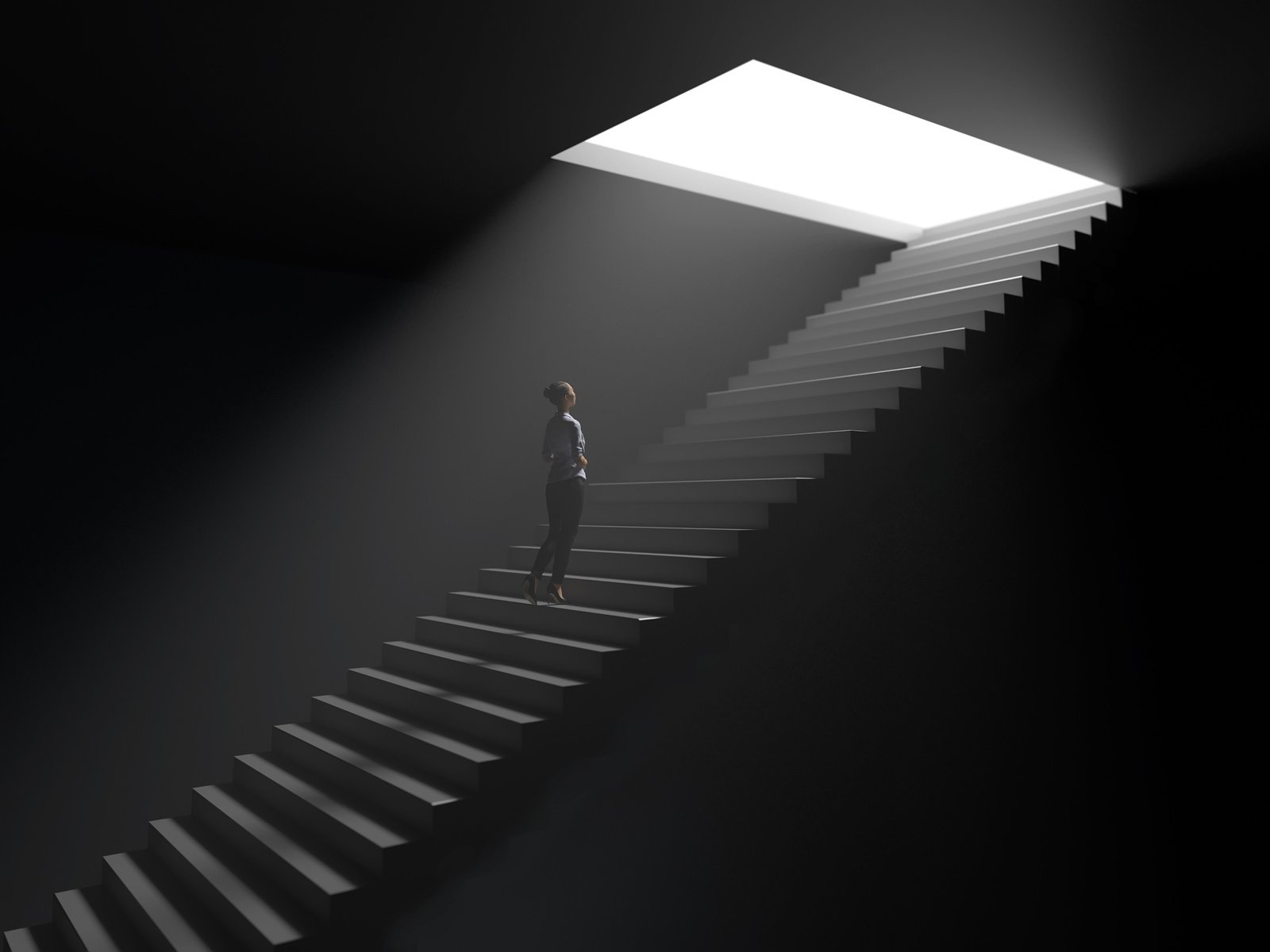 woman climbs the stairs from darkness to light